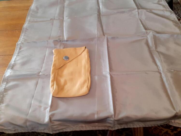 Taro bag and clothLeather bag w/silk cloth